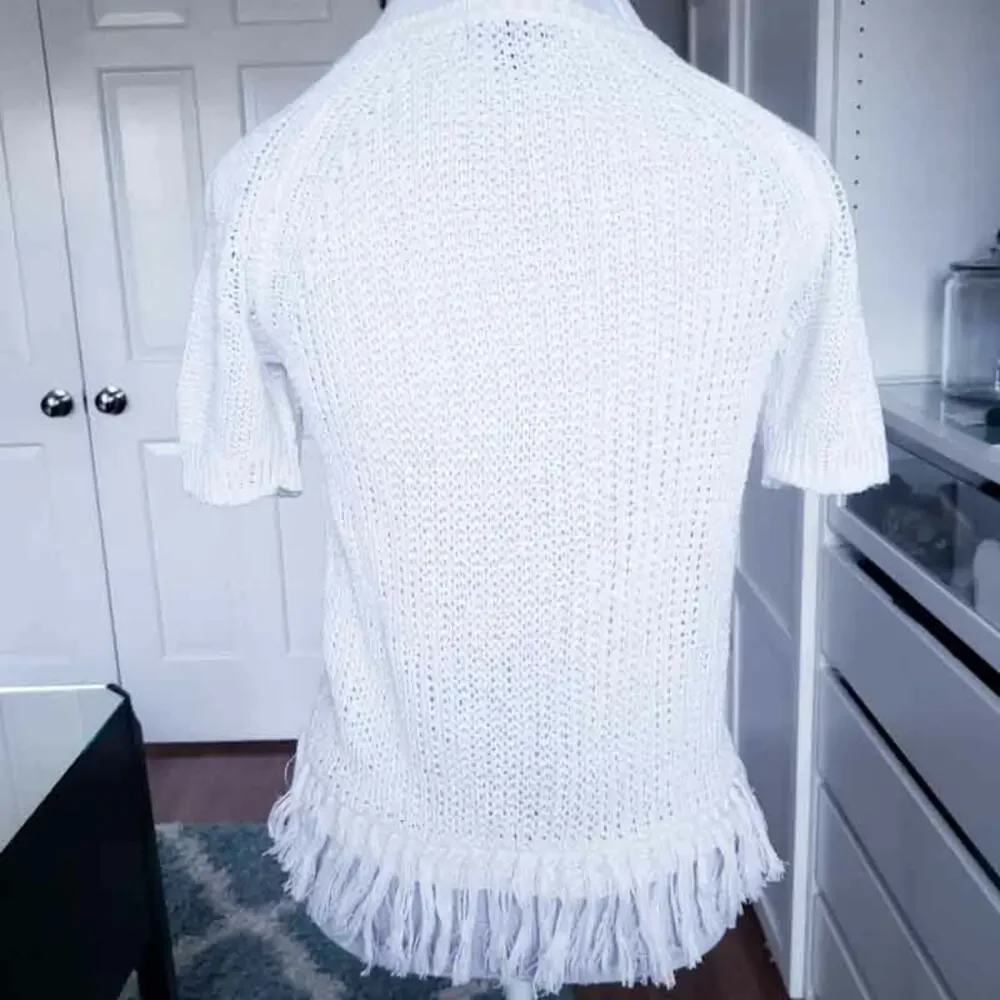 J. Crew 100% Linen Open Knit Sweater, Fringe Bottom, White XXS, Short Sleeve